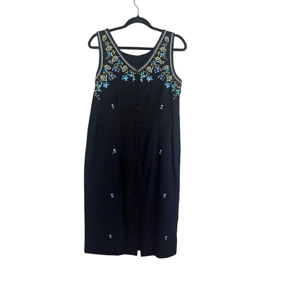 Retro Floral Linen Tank Dress 14 Black Cottagecore Embroidery Boho Old Money 90s - Picture 6 of 13